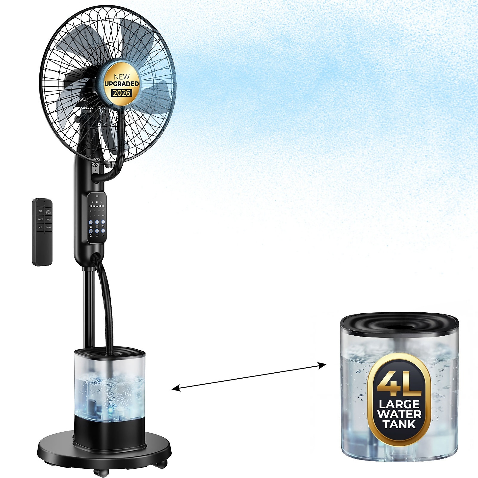 EdenDirect Portable Misting Fan — 16 Inch, 1.06 Gallon Water Tank, 35dB Ultra-Quiet, 5 Speeds, 3 Modes, 70° Oscillation, 15° Tilt, Remote & Touch Control, For Indoor & Outdoor Use